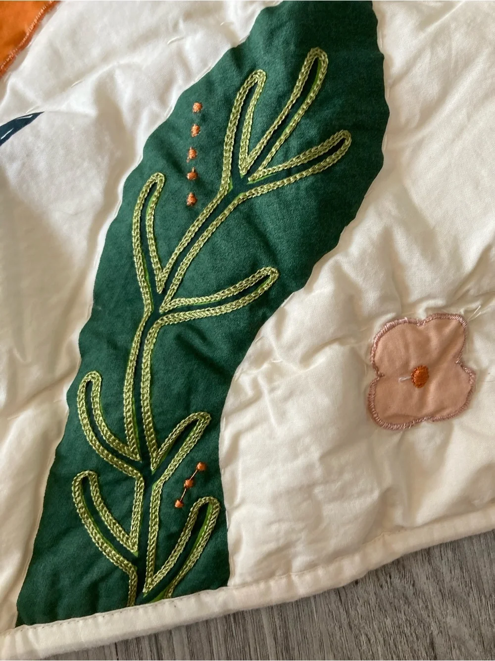 Crate & Barrel Cream Quilted Pillow Sham with Orange Floral Appliqué Standard